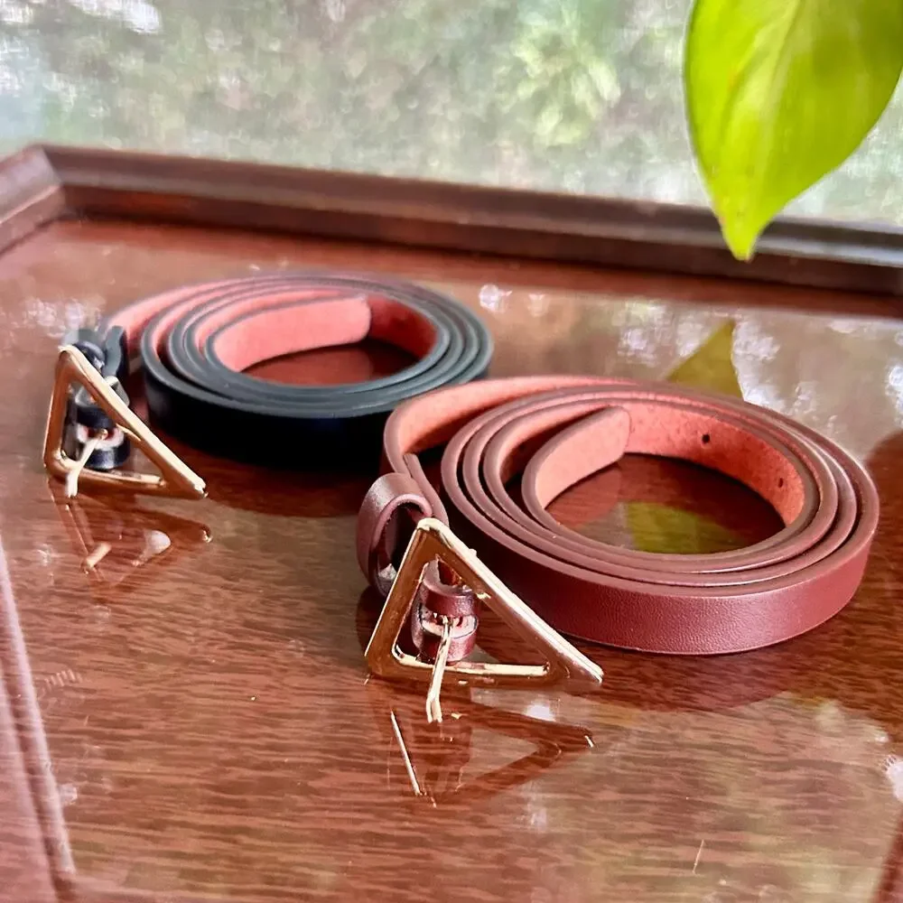 Set of 2 Skinny Belts – Brown & Black with Gold Triangle Buckles – 43” Length